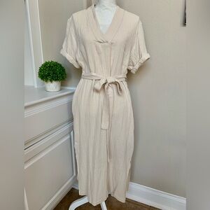 Magaschoni Organic Cotton Gauze V-neck Midi Dress Belt Side Slit Women’s Medium